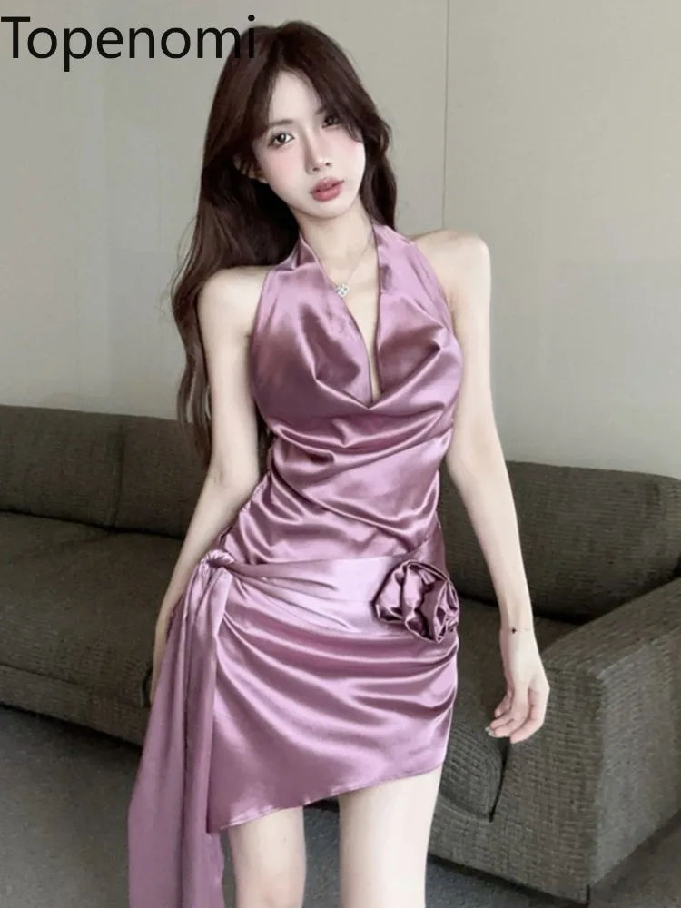 Платье женское атласное с открытой спиной бантом и лямкой на шее