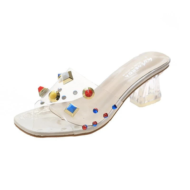 

Peep Toe Crystal Slippers Fashion Women Shoes Woman Mules Summer Square Heel Metal Buckle Rivet Clear Transparent Slides