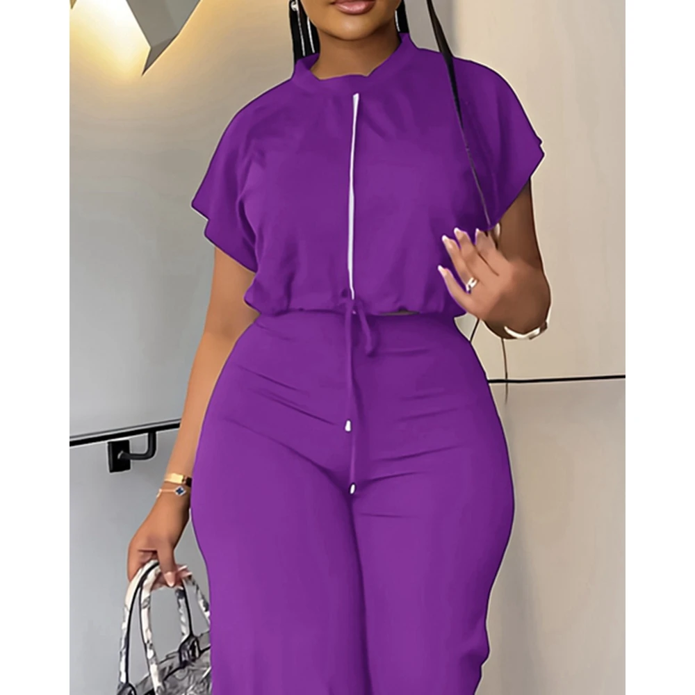 Women Casual Round Neck Drawstring Sleeveless Top & High Waist Pants Set Female Solid Two Piece Suit Sets Outfits Set Summer