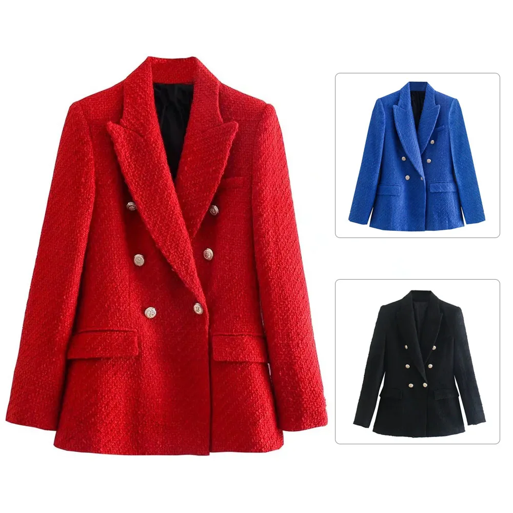 

Women's 2022 Fashion Texture Double Breasted Woolen Check Blazer Coat Vintage Long Sleeve Pockets Female Outerwear Chic Veste