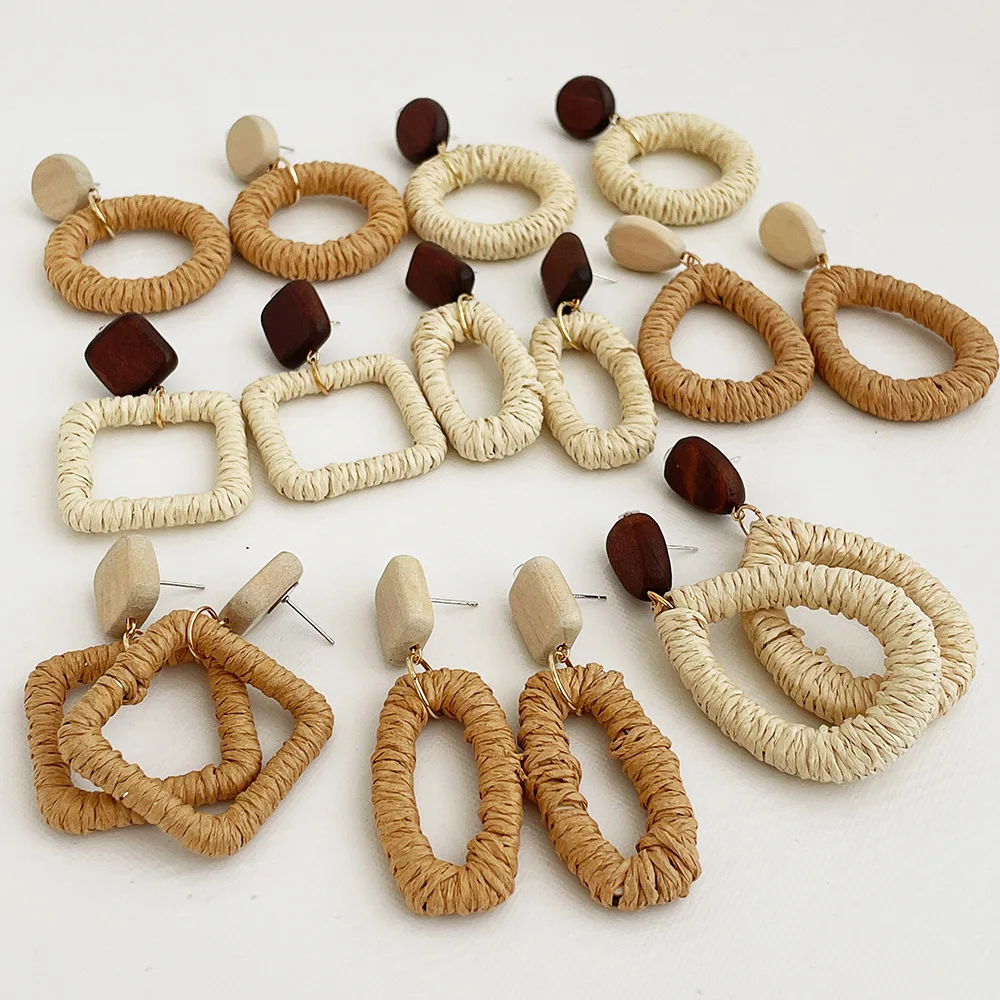 

Корейские плетеные висячие серьги LOVOACC ручной работы из ротанга для женщин, полые квадратные деревянные серьги-капли