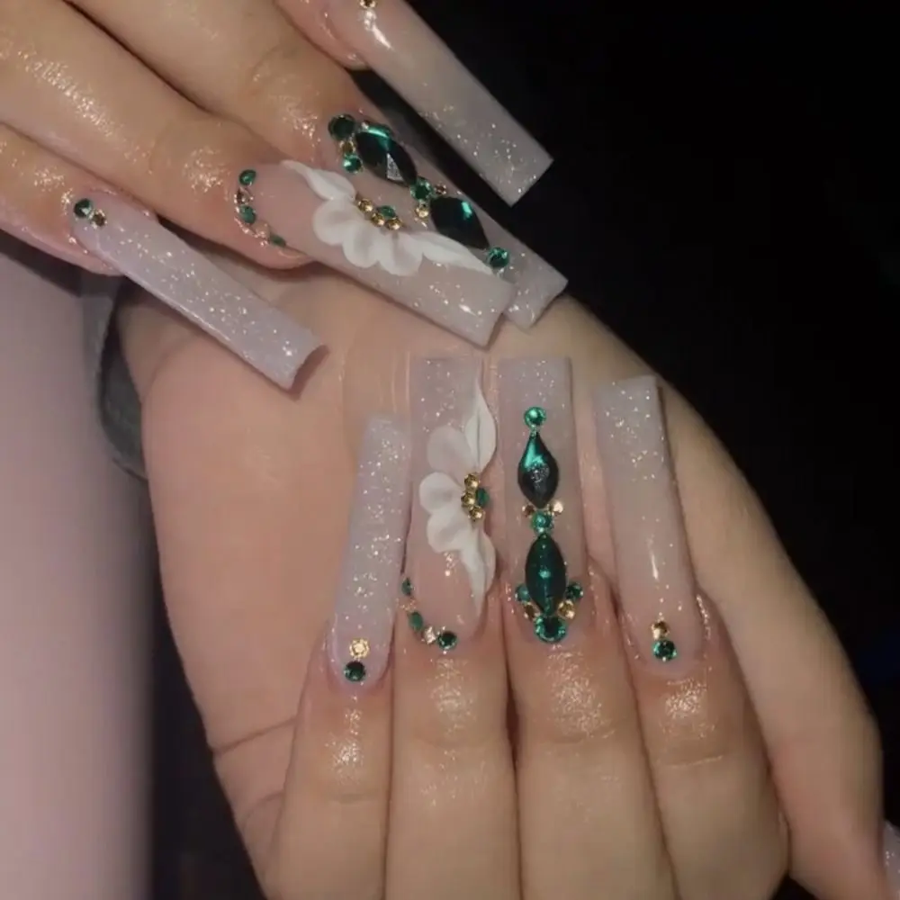 

Full Cover Pink Bow False Nails Green Rhinstones Fake Nails Transparent Love Heart Crystal Long Ballerina French Coffin