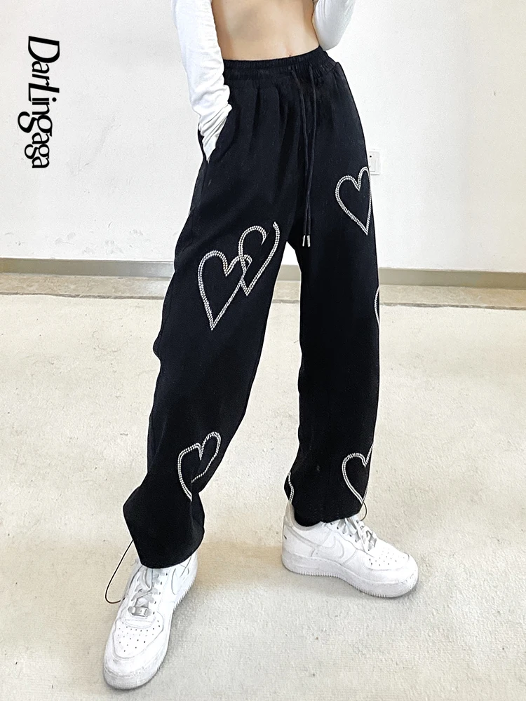 

Darlingaga Streetwear Heart Rhinestones Black Sweatpants Casual Loose Drawstring High Waist Pants Gothic Clothes Baggy Trousers