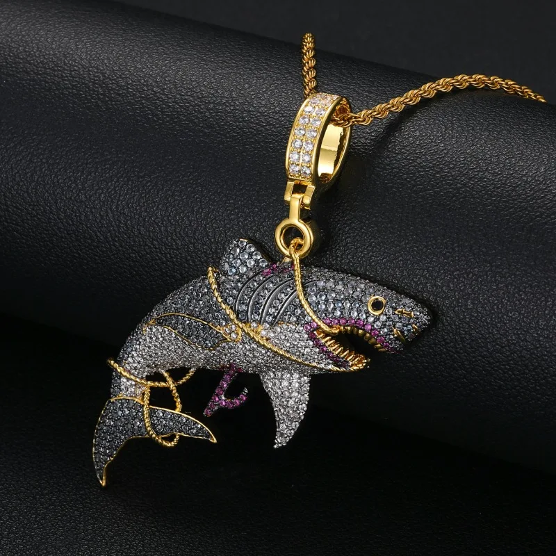 Hip Hop 5A CZ Stone Paved Bling Iced Out Tied Shark Animal Pendants Necklace for Men Rapper Jewelry Gift