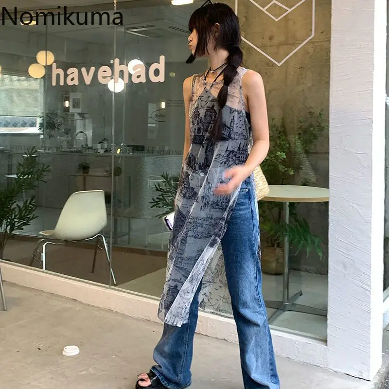 Женская модная пикантная газовая блузка Длинные рубашки без рукавов с принтом Y2k