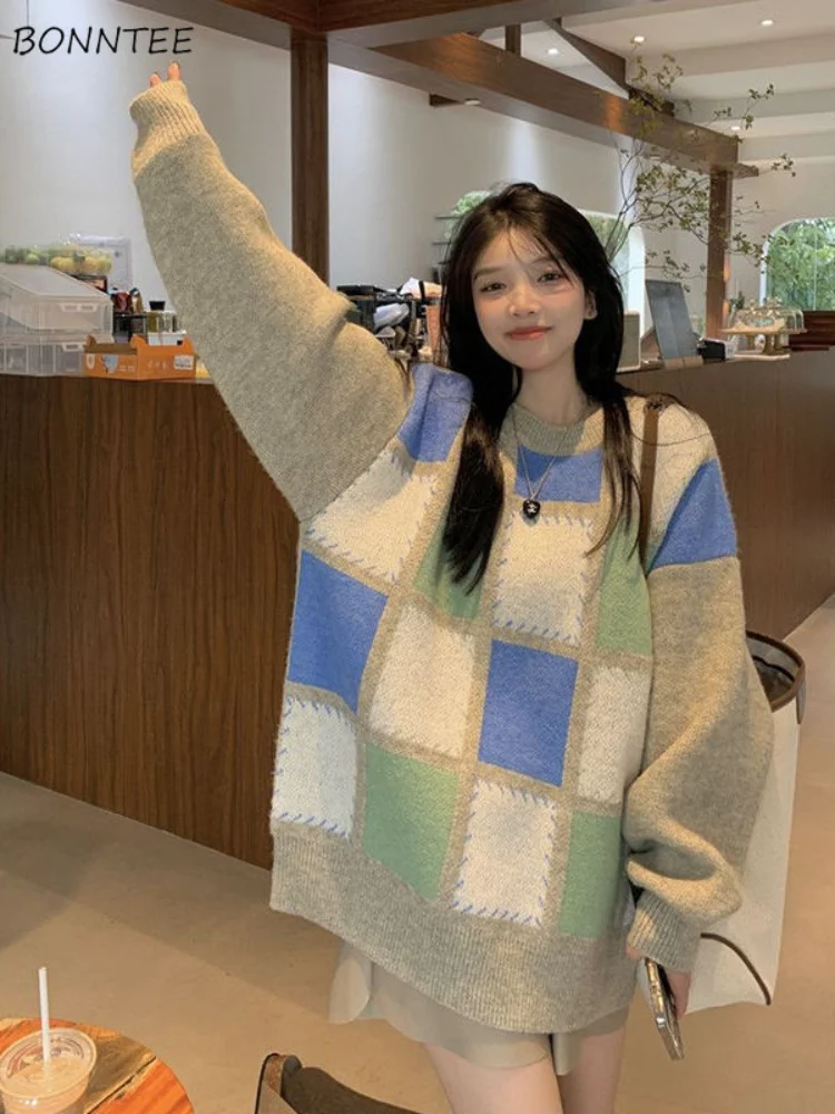 

Свитеры женские в стиле ретро, Студенческая Мягкая трикотажная одежда, повседневные нежные клетчатые универсальные осенние женские пуловеры унисекс, вязаные пуловеры