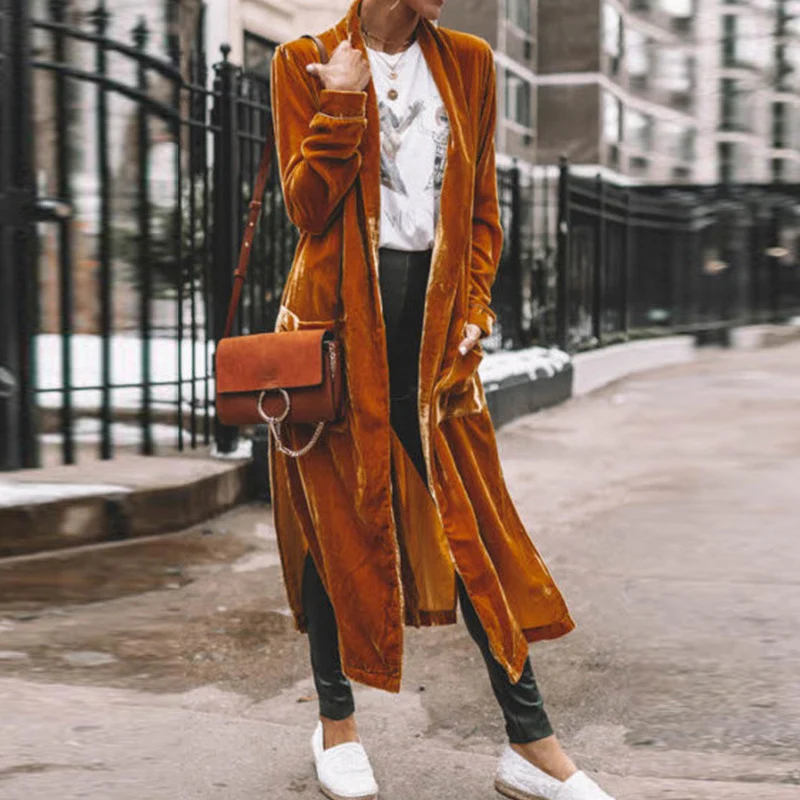 

Autumn Women's Elegant V-neck Multi Color Trench Coat Fashion Street Cardigan Outerwear Casual Golden Velvet Elastic Long Coat