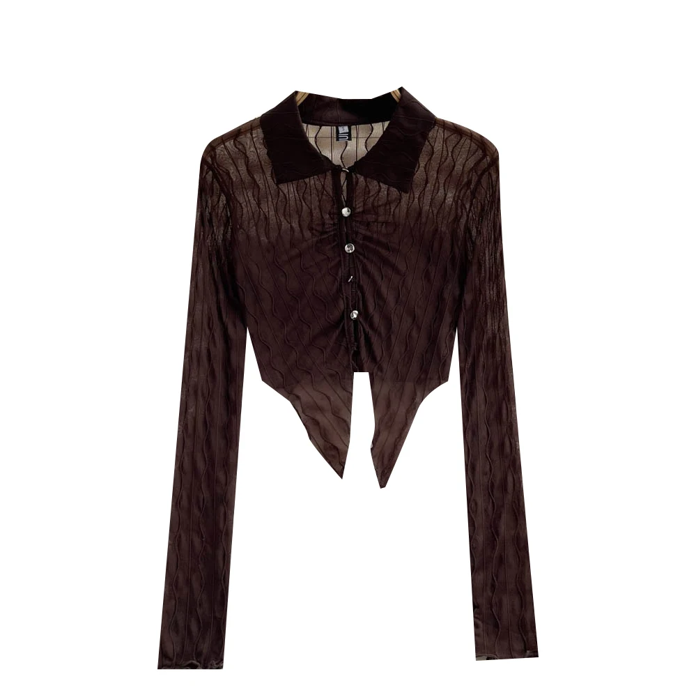 

Amolapha Women's Fashion European And American Style Retro Mesh Hollow Long Sleeve Single Breasted Short Shirt Tops