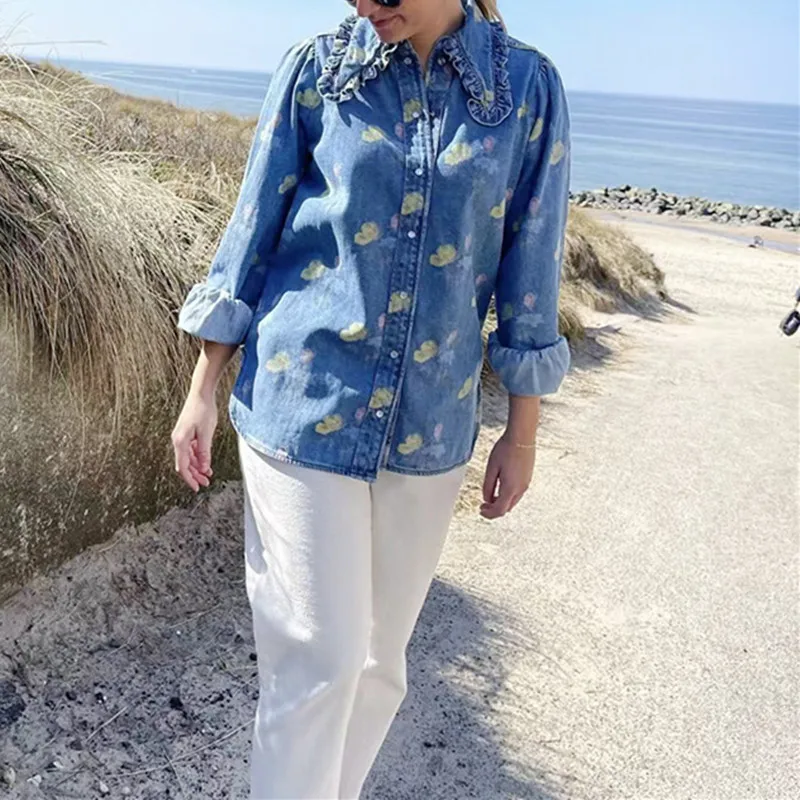 

Oil Painting Painted Women Loose Denim Blouses Peter pan Collar Single Breasted Female Shirts tops 2022 new