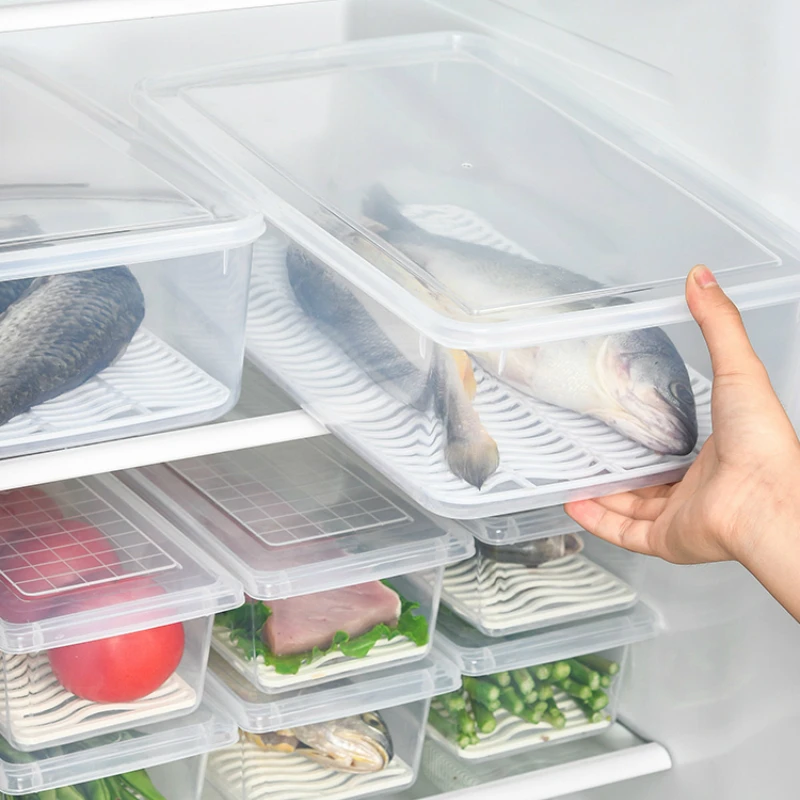 

Japan Food Fresh Storage Box Containers Kitchen Fridge Organizer Case Removable Drain Plate Tray Fruits Vegetables Meat Fish