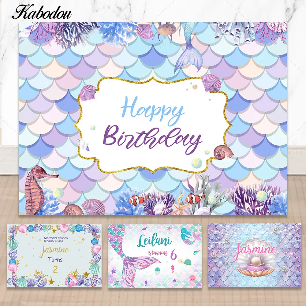 

Kabodou Mermaid Scale Photo Backdrop Girls Happy Birthday Photography Background Purple Baby Shower Decorations Banner