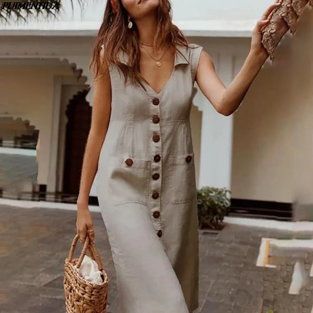 New Fashion Summer Women's Dress Boho Style V-Neck Waist Casual Solid Color Sleeveless V Neck Pockets Midi Dress