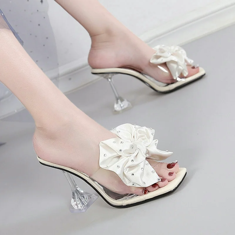

New Summer Transparent Sandals Women's Middle Heel Slippers Thick Heel Crystal High Heel Shoes Fashion Bow-knot Zapatos Mujer