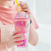 cartoon kawaii plastic cup net red summer broken ice cup cute girl heart ice cup double layer cold protection water bottle
