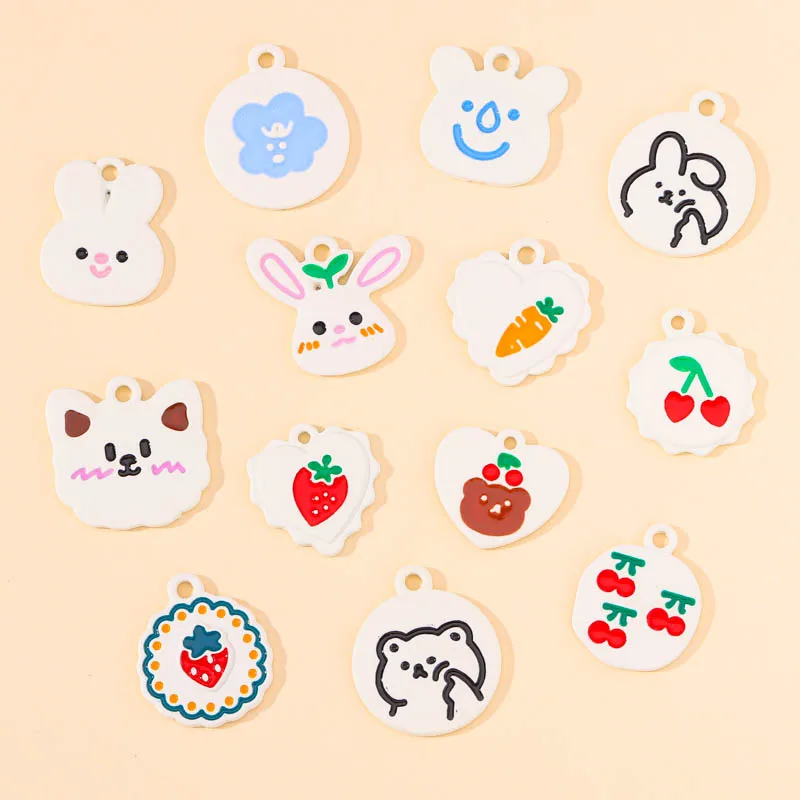 

20Pcs Wholesale 13 Styles Cute Rabbit Bear Strawberry Cherry Spray Paint Charms for DIY Keychain Earrings Pendant Jewelry Making