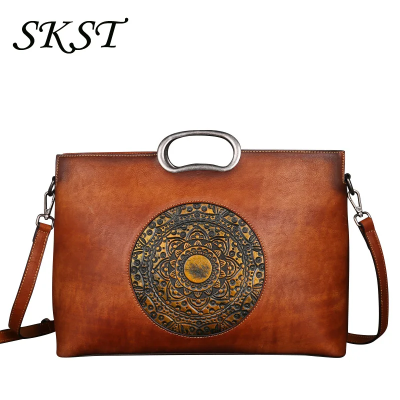

Cross-border women's handbags with cow leather on the top layer and painted retro women's handbags totem leather women's handbag