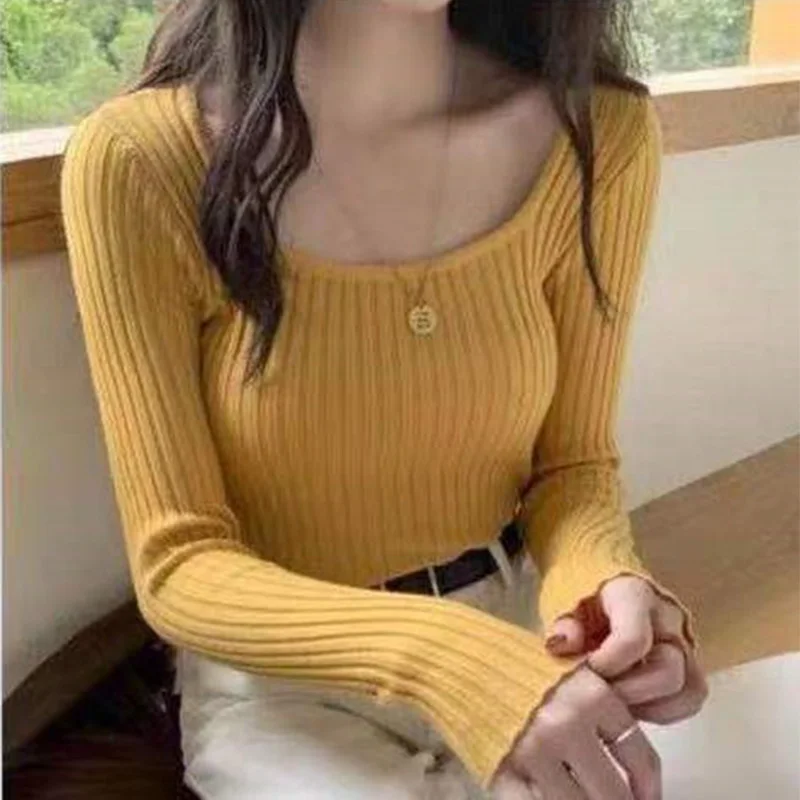 

Autumn Winter 2022 New Women Fashion Square Neck Slim Fit Solid Color Long Sleeve Bottoming Causal All Match Knitted Sweater