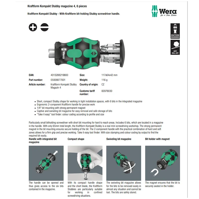 WERA Kraftform Kompakt Stubby Magazine Эргономичная 2-компонентная ручка для точных работ Отвертка