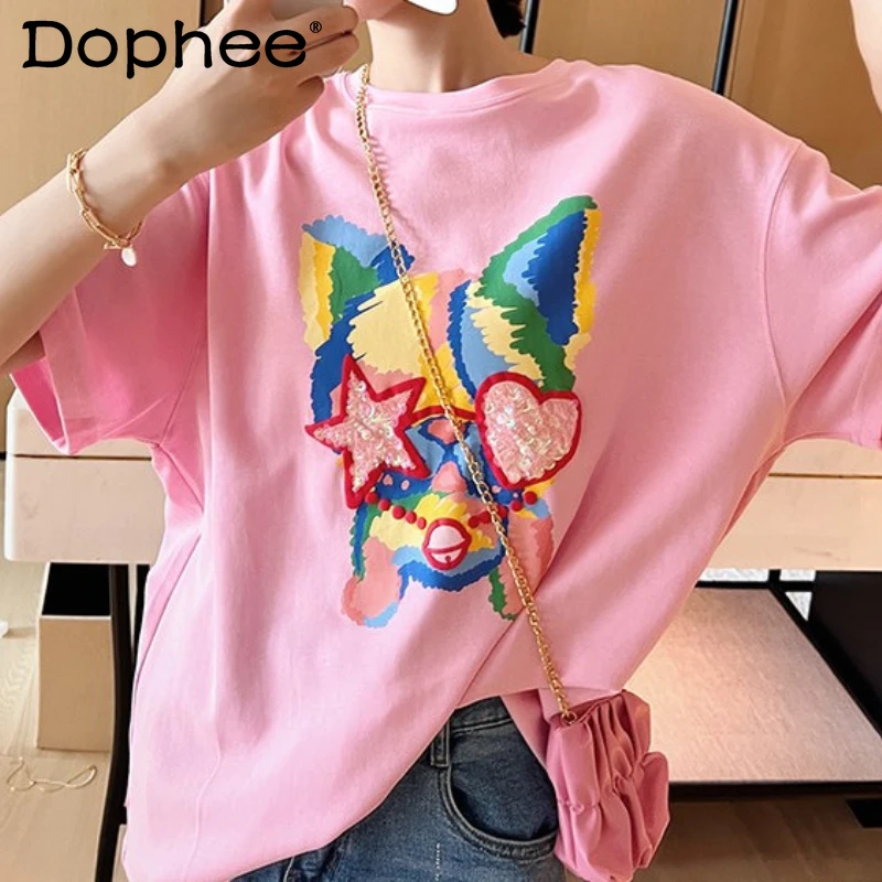 

Fashion Sequins Graffiti Short Sleeve T-shirt Women Printed Cute Cartoon Round Neck Pullover Pink Tshirt 2022 Summer Graphic Tee