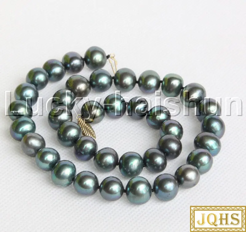 

JQHS Luster 17" 12mm Round Peacock Black Freshwater Pearls Beads Strand Necklace 14K Gold Clasp J12199