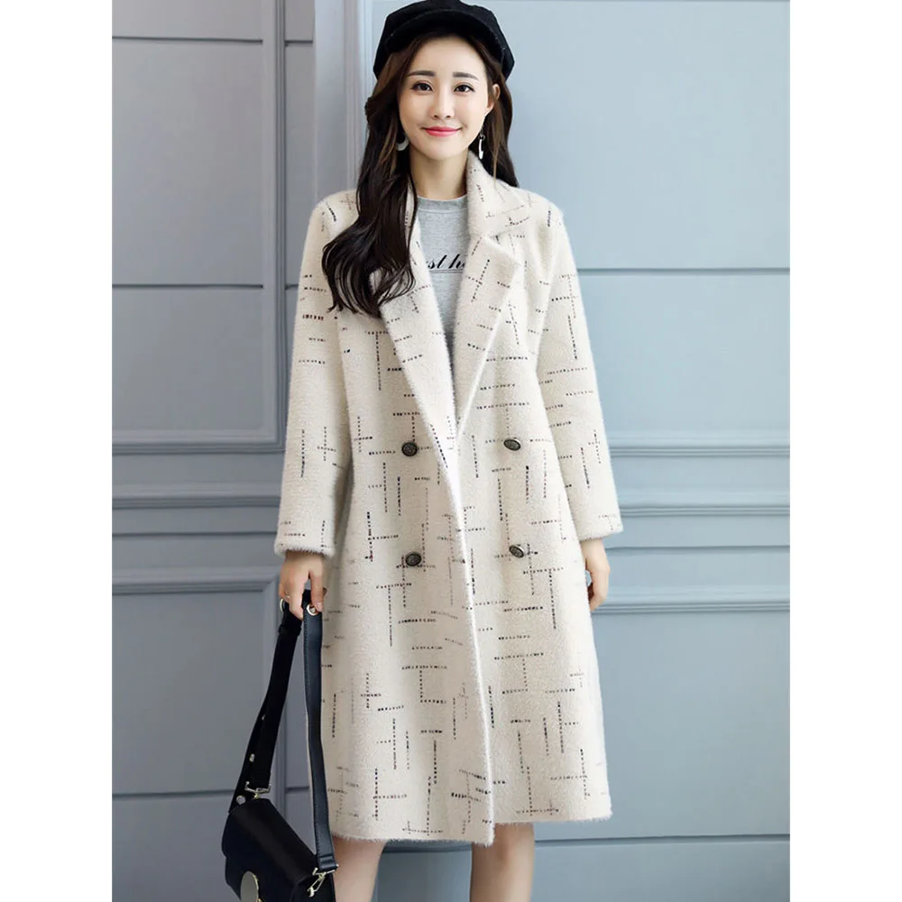 

Осенне-зимняя вязаная куртка из искусственной норки и флиса, женский корейский Свободный плотный длинный кардиган, пальто, модное элегантное шерстяное пальто