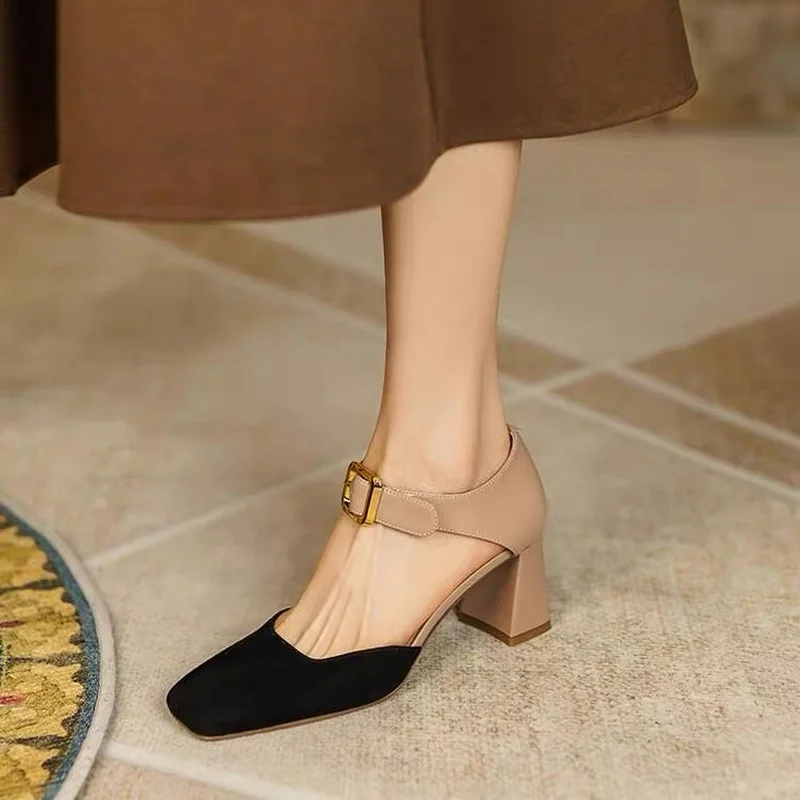

Retro Vintage Thick Heel Women's Single Shoes Real Leather Pumps Cover Heel Breathable Word Belt Mary Jane Women Shoe