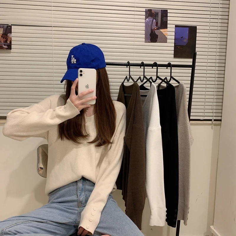 

Female Harajuku Casual Solid V-neck Loose Long Sleeve T-shirt Women's T-shirts Tops Japanese Ladies Ulzzang Clothes For Women