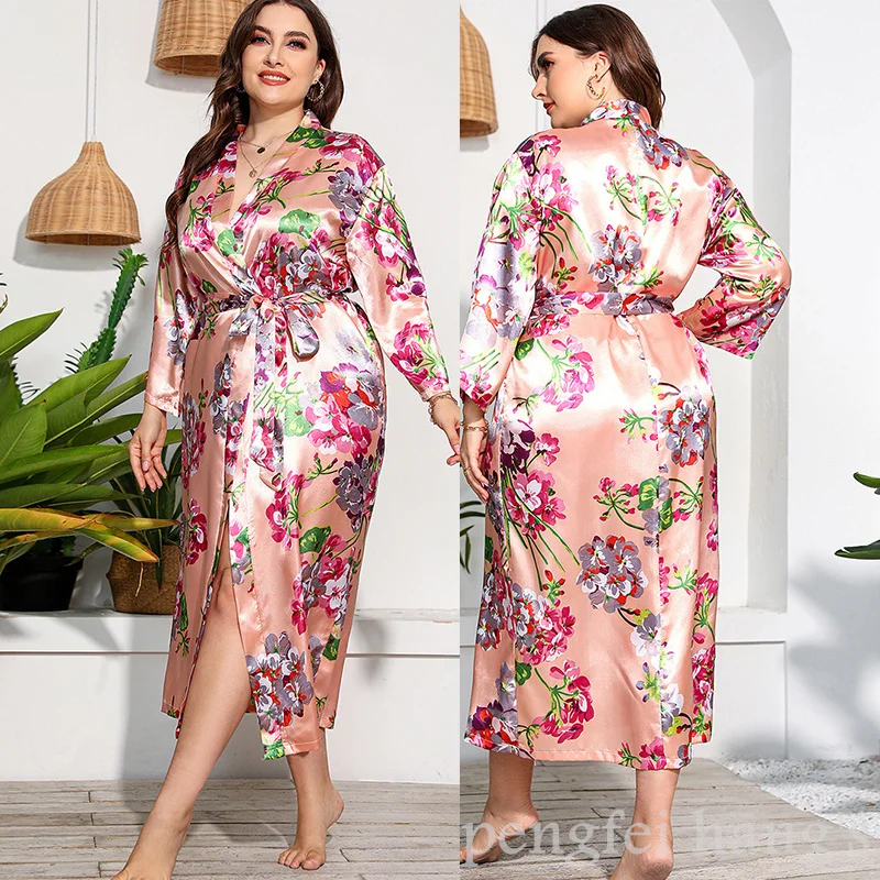 

plus size 3XL 4XL 5XL Kimono Bathrobe Gown Loose Home Dressing Women's Sleepwear Sexy Flower print Nightgown Long Sleeve Robe