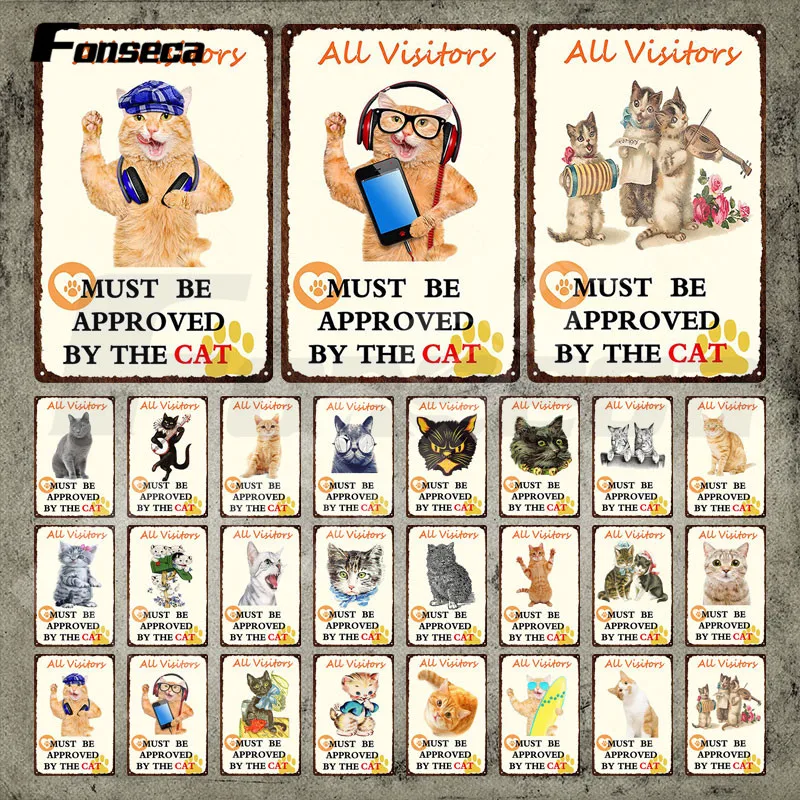 

Металлический знак со смешным котом, все посетители должны быть одобрены котом, металлическая табличка с табличкой для украшения дома