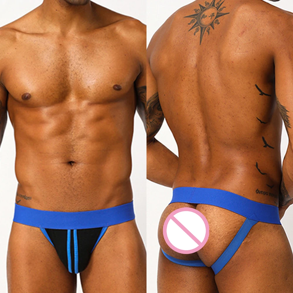 

Men Sexy Jockstrap Cotton Underwear Fashion Stripe Briefs Backless Thongs Sports Briefs Breathable G-String Soft Underpant