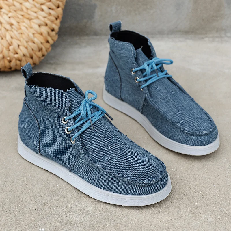 

Women's Canvas Shoes Summer Denim Lace-up Flats Casual Shoes Lady Autumn High-Top Vulcanized Shoe Non-Slip Sneakers Plus Size 43