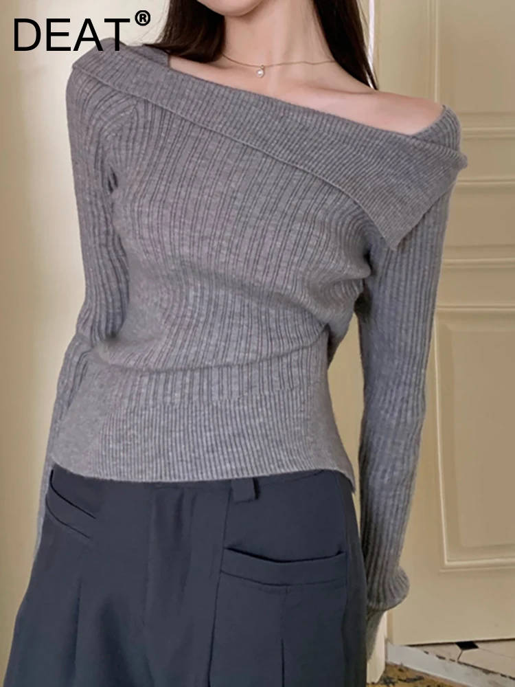 

Женский трикотажный пуловер DEAT, однотонный облегающий свитер средней длины с воротником-лодочкой и длинным рукавом, весна 2023