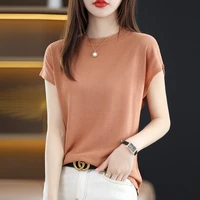 new summer casual thin ice bright silk o neck slim knitting woman t shirt tops blouse joker for office lady clothes