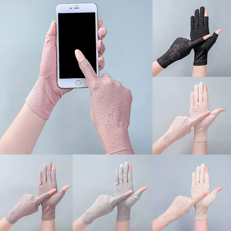 

Non-slip Touch Screen Gloves Two-fingers Exposed Mittens Half Finger Driving Gloves Sun Protection Ice Silk Breathable Gloves