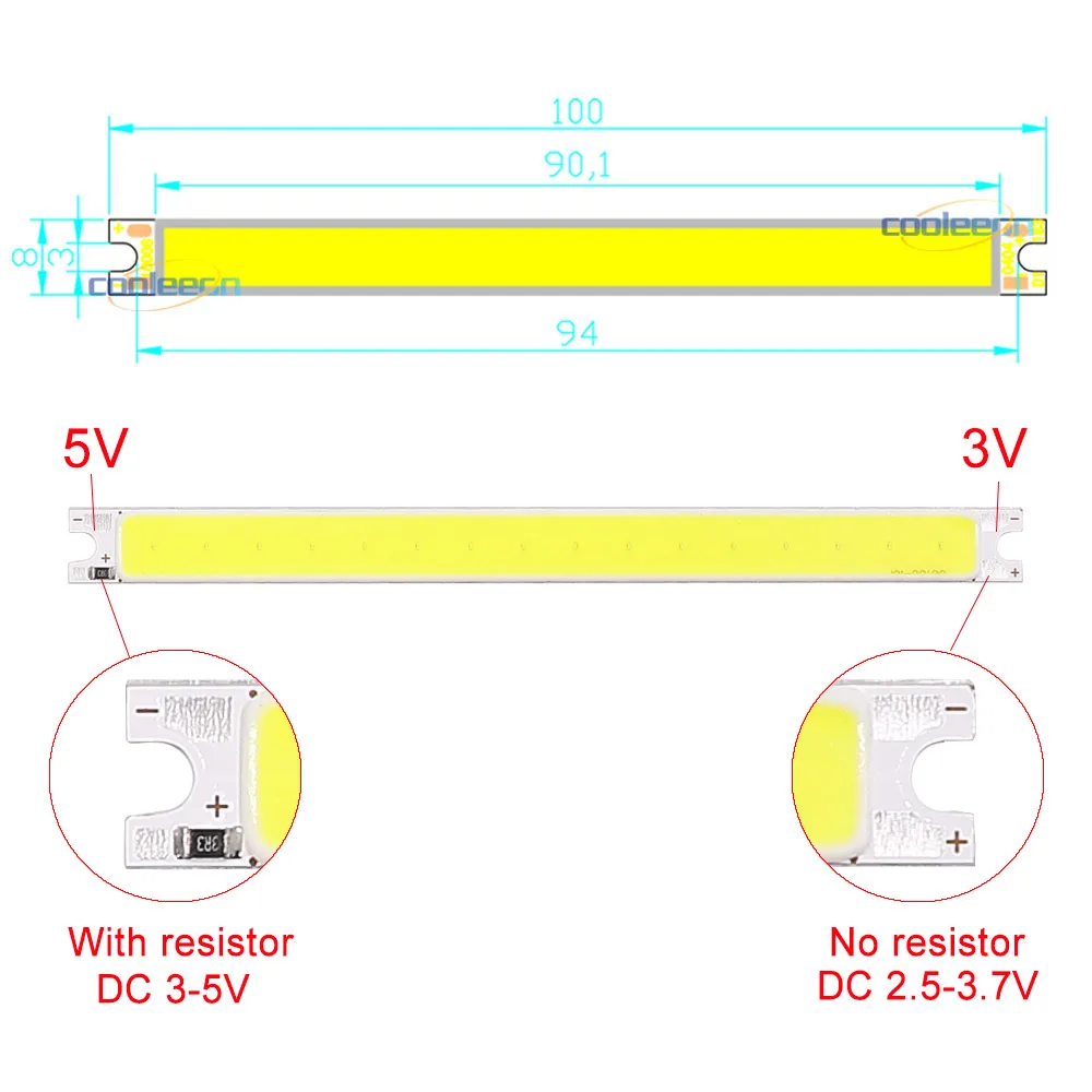 100x8mm 3V 3.7V 5V COB LED Light Chip 2W Warm Cool White Color with USB Plug AA Button Battery Box Dimmable Strip Bulb 100mm - купить по