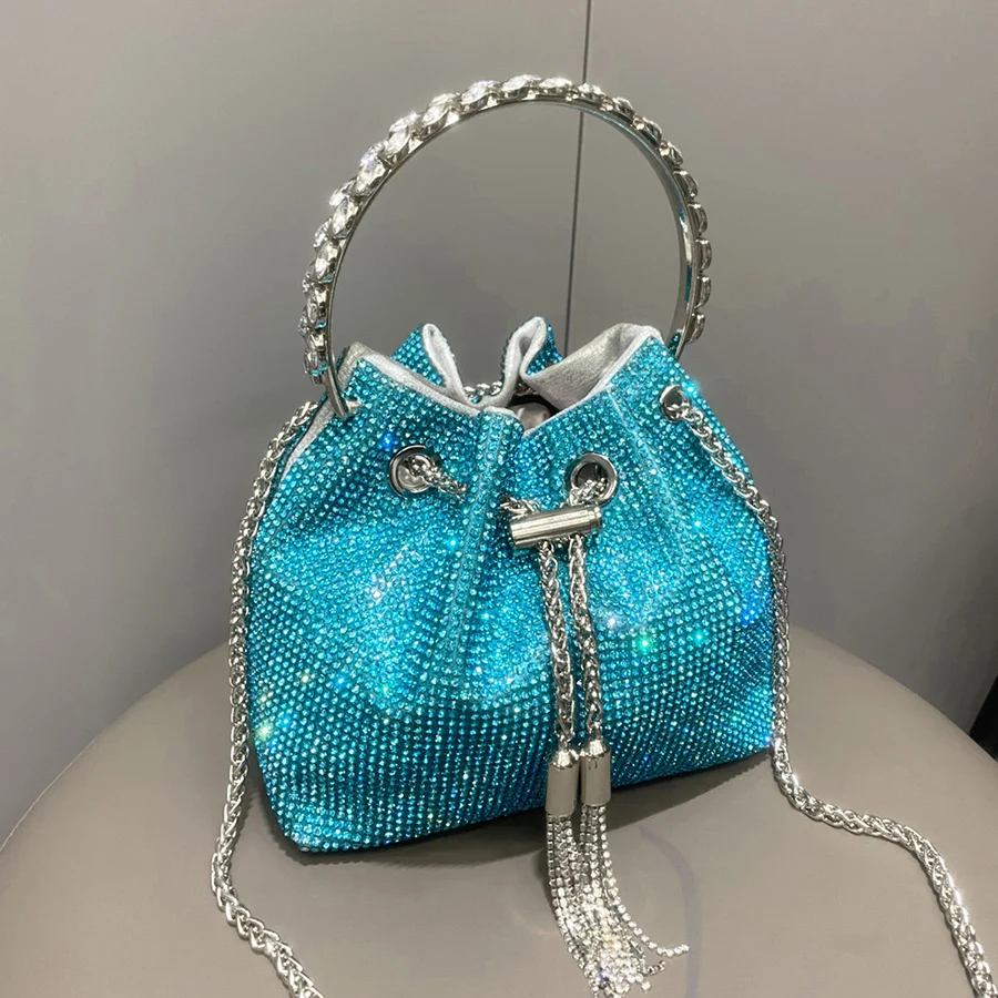 Color contrast tassel women's bucket bag summer dull diamond party dinner bag round handle handbag chain single shoulder bag sac