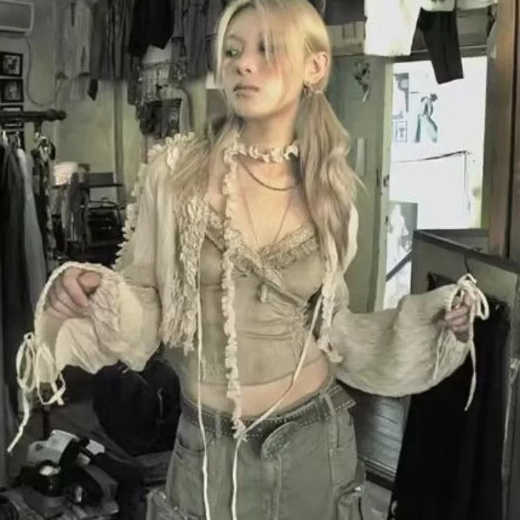 Женский тонкий кардиган с V-образным вырезом длинным рукавом и рюшами