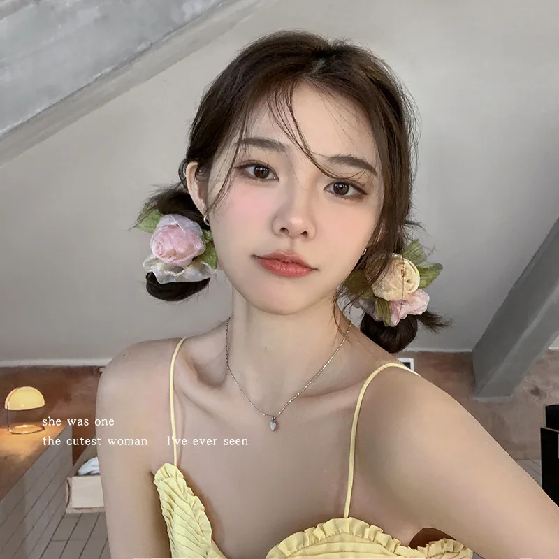 

Korean Woman Rose Blossom Design Elastics Hair Band Girls Cute Gauze Scrunchies Hair Ties Ladies Ponytail Hold Hair Accessories