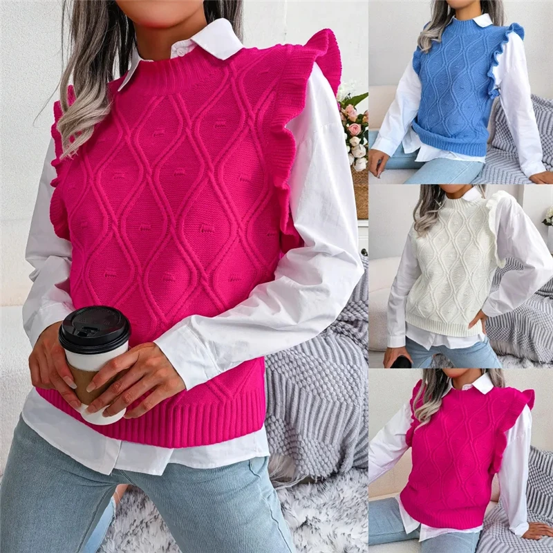 

Women Autumn Winter Knit Vest Solid Color Diamond Jacquard Ruffled Sleeveless Round Neck Tank Tops Ladies Autumn Winter Clothes