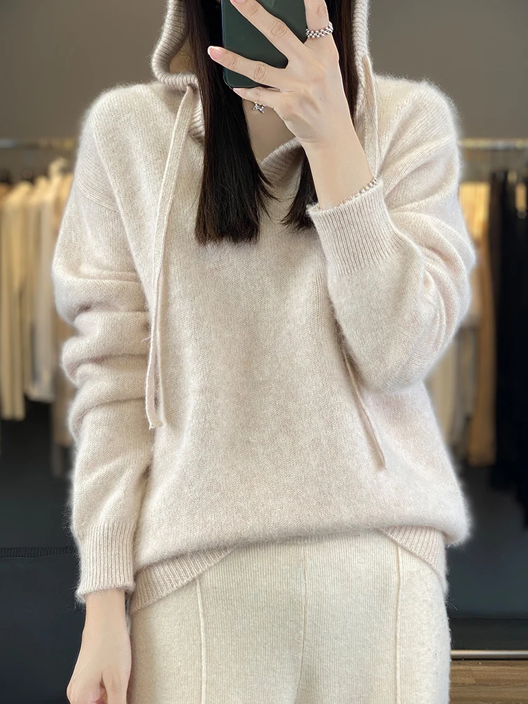 Осенне-зимний плотный женский свитер с капюшоном 100% мериносовая шерсть