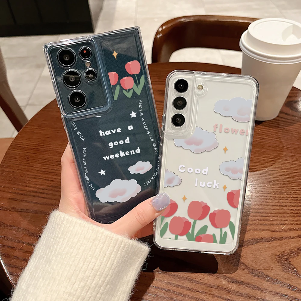 

Transparent Soft Phone Case for Samsung Galaxy S23 S22 S21 Ultra S20Ultra S21Plus S20 FE Plus 5G Red Rose Text Labels Cover