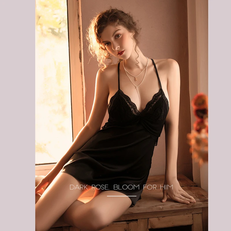 

women pajamas sexy pajamas dress black lace hollow seduction nightgown women see through sleepwear sexy Dress halter temptation