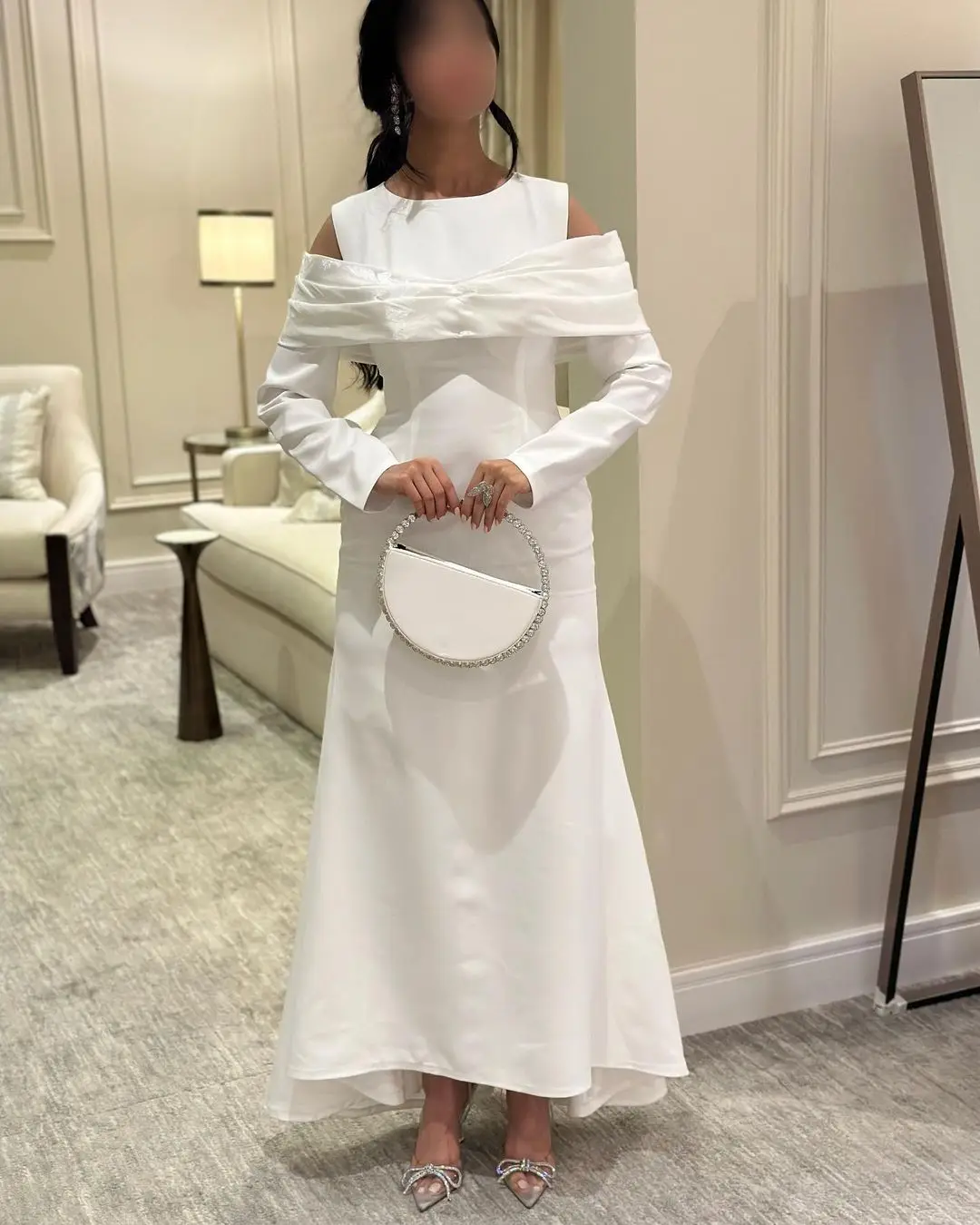 

Saudi Arabia Ivory Long Sleeves Women's Prom Dress O-Neck Ankle Length Evening Party Gowns