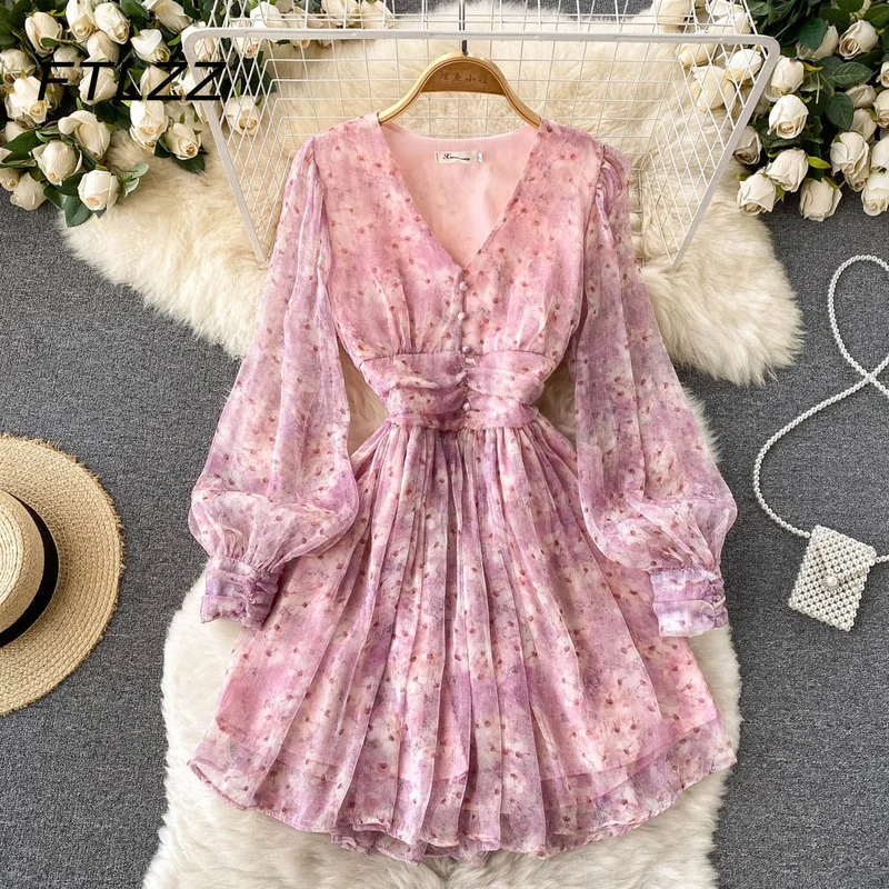 

New Women Floral Chiffon Dress Spring Summer Puff Sleeve Sexy V-neck Beach Dresses Ladies French Elegant Short Dress Vestidos