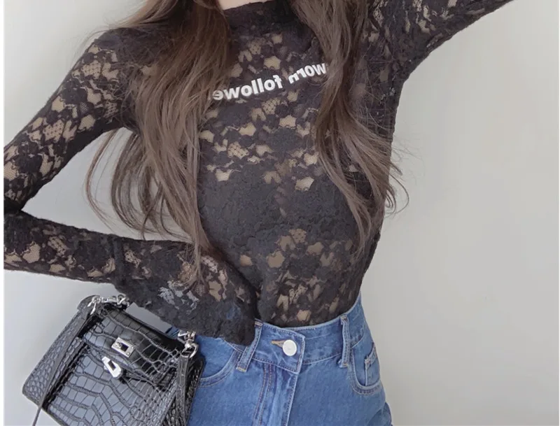 Women's Blouse Half High Collar Lace Autumn And Winter Design Sense Of Embroidery Letter Tight Outside Rachel | Женская одежда