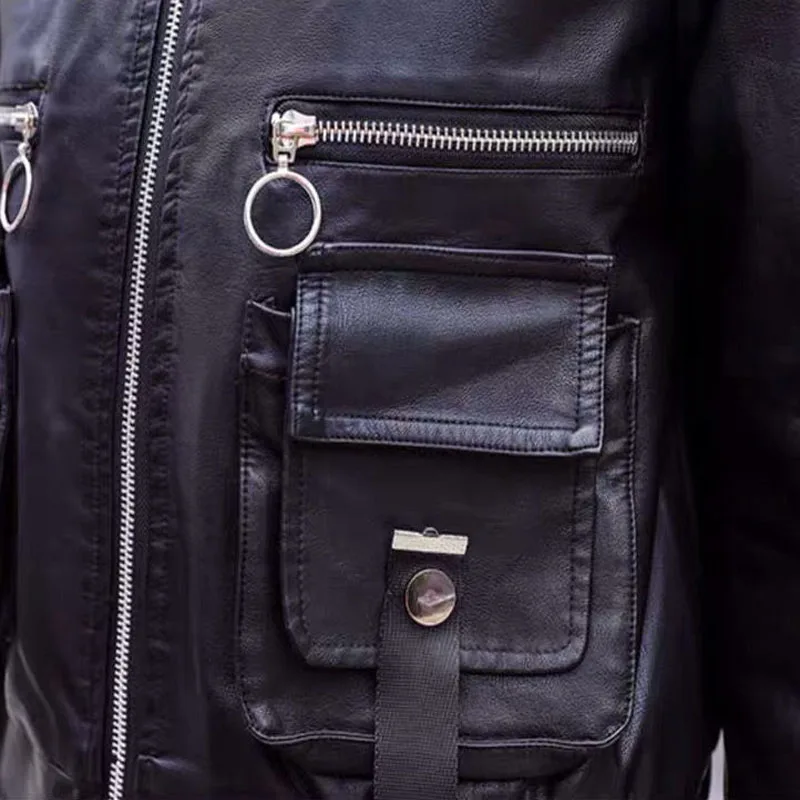 1pcs Women's PU Leather Short Jackets 2022 Autumn Fashion Faux Fur Zipper Small Pocket Splicing Ladies Skinny Locomotive Coats