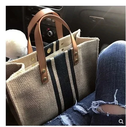 

Casual Linen Large Capacity Tote Women Handbags Striped Lady Shoulder Crossbody Bags Female Summer Beach Big Shopper Purses 2021