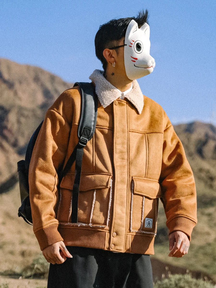 

Мужская Утепленная куртка из овечьей шерсти, модная ветрозащитная мотоциклетная кожаная куртка с лацканами, повседневное свободное теплое...