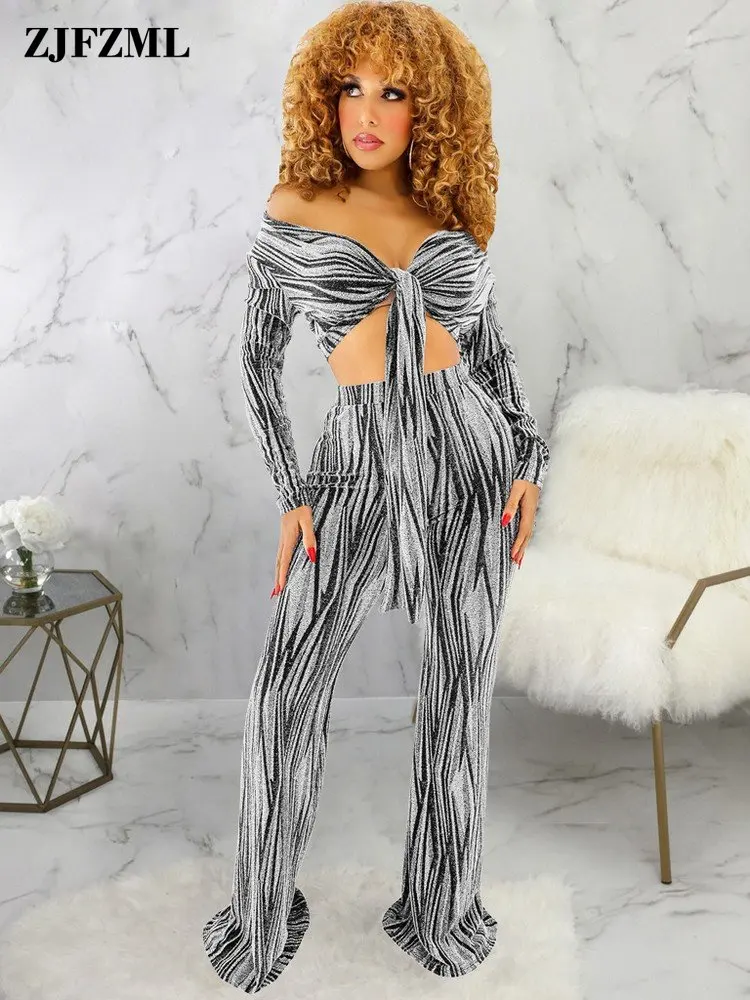 

Vintage Fashion Striped Print Women's Sets Deep V Neck Long Sleeve Crop Top and High Waist Full Length Trouser 2 Two Piece Suits