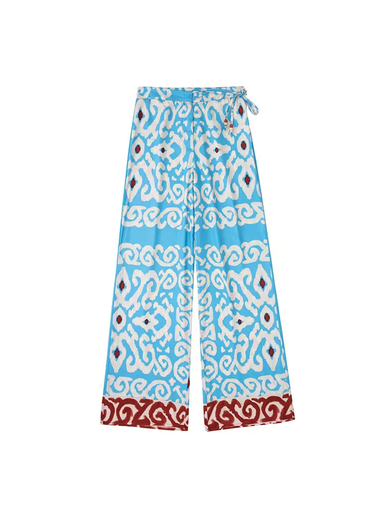 

Женские драпированные брюки с широкими штанинами, повседневные Прямые свободные брюки с высокой талией и принтом в стиле ретро, лето 2022